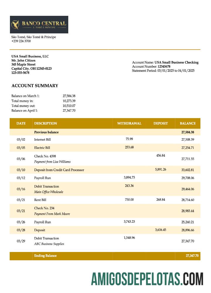 Em branco Sao Tome And Principe Banco Central De S.Tome E Principe Firm Account Statement Word And PDF modelo